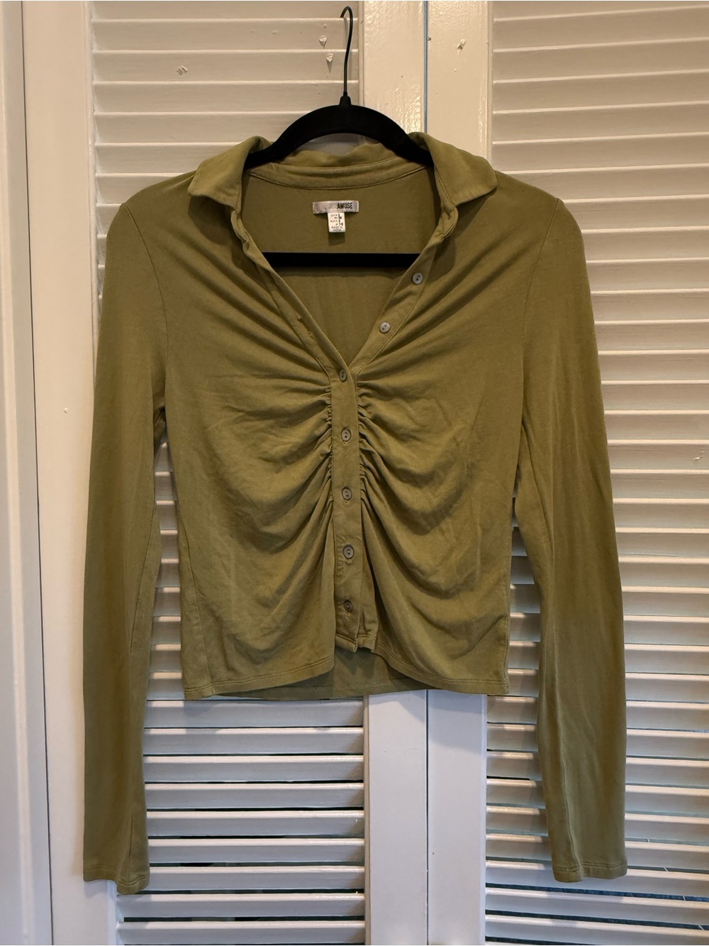 Amuse society Ruched Button-Front Long Sleeve Top - Olive Green